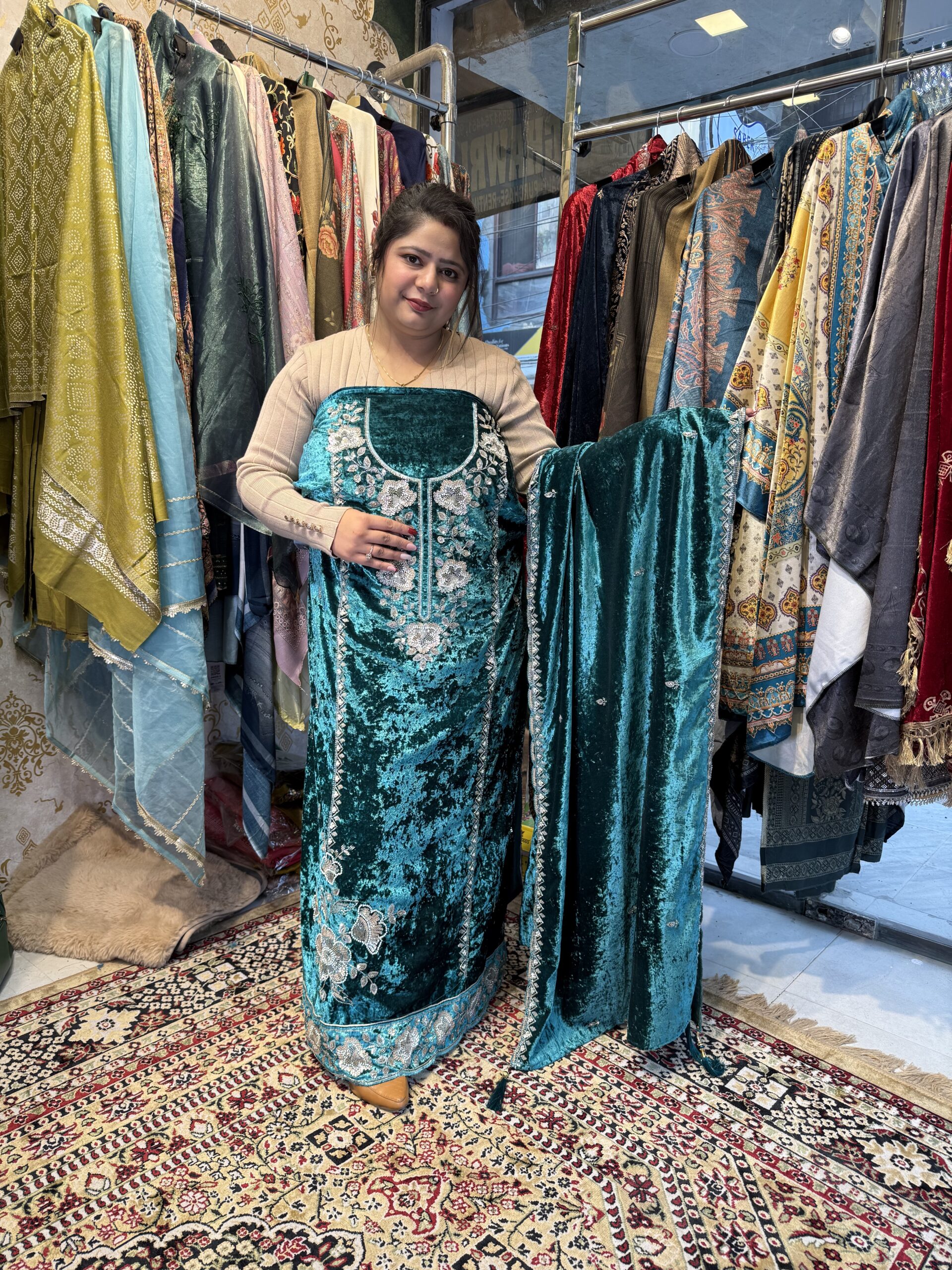 Sea Green Velvet Party Wear Suit W044 2