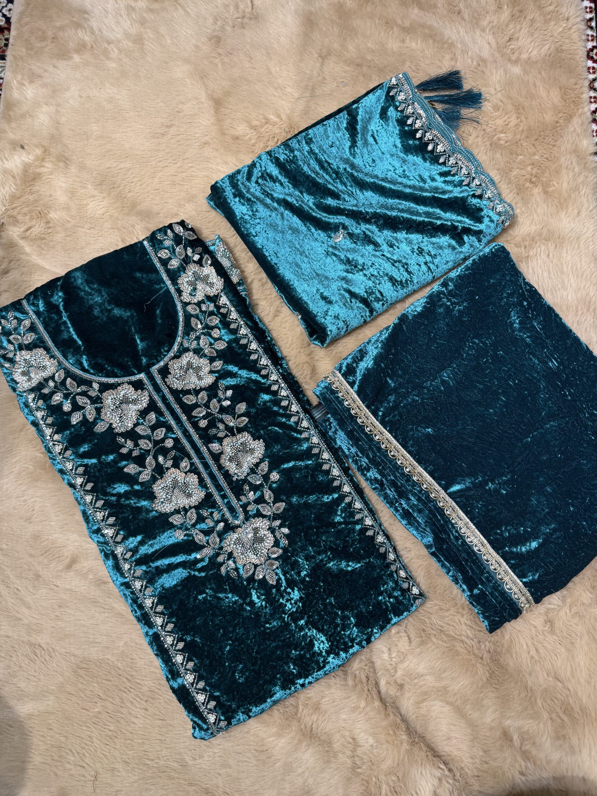 Sea Green Velvet Party Wear Suit W044 2 - Image 2